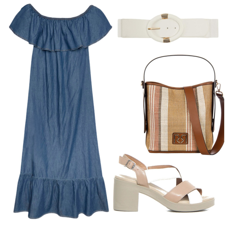Outfit donna - Maxi dress. Stile Basic per Tutti i giorni. Abbinamento con cinture, borse a secchiello, vestiti lunghi, sandali col tacco.
