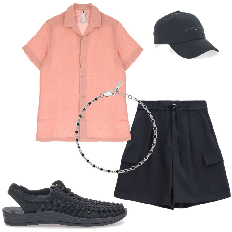 Outfit uomo - Caffè con un amico. Stile Casual per Tutti i giorni. Abbinamento con braccialetti, camicie a manica corta, bermuda, sandali, cappelli.
