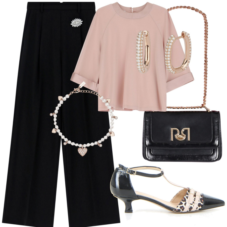 Outfit donna - Ufficio. Stile Glamour per Ufficio. Abbinamento con braccialetti, orecchini, borse a tracolla, felpe, pantaloni, sandali col tacco.