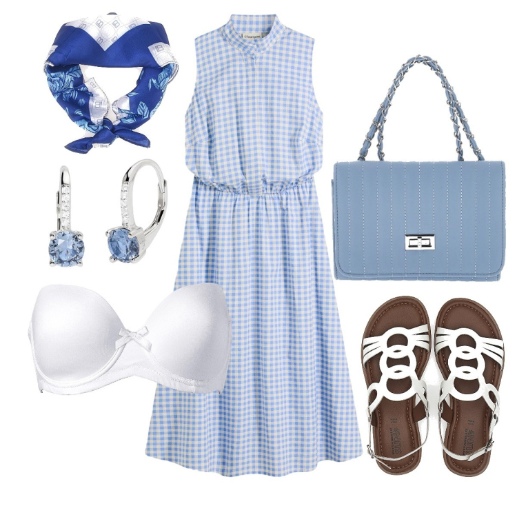 Outfit donna - L’abito smanicato. Stile Bon Ton per Ufficio. Abbinamento con vestiti, reggiseni, orecchini, sandali, foulard, borse a tracolla.
