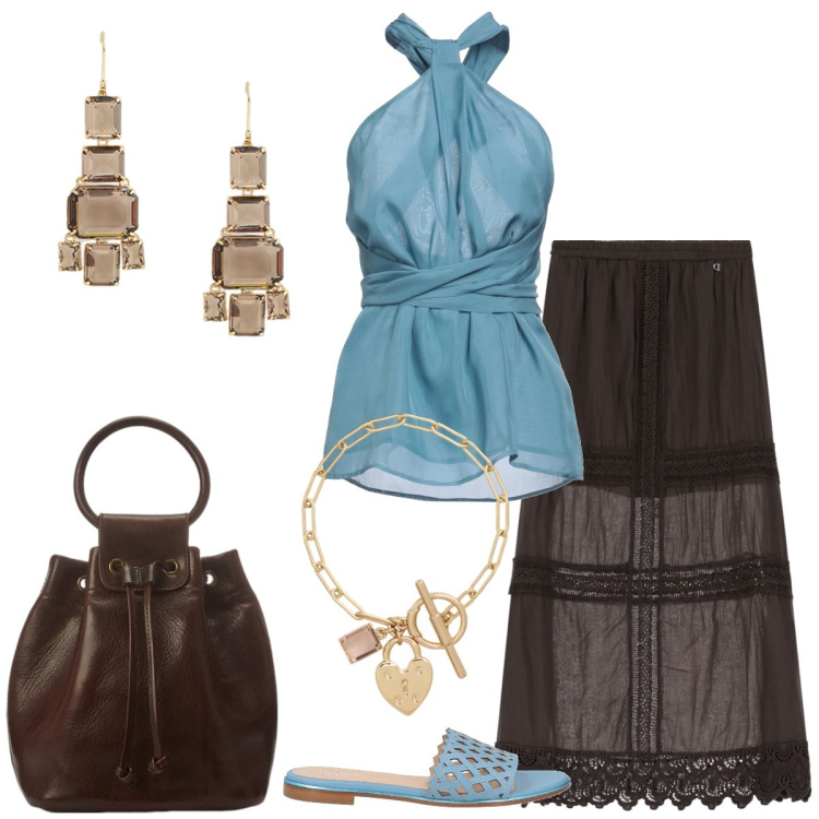 Outfit donna - Chiffon. Stile Boho per Tutti i giorni. Abbinamento con top, sandali in pelle, gonne lunghe, borse a secchiello, braccialetti, orecchini.