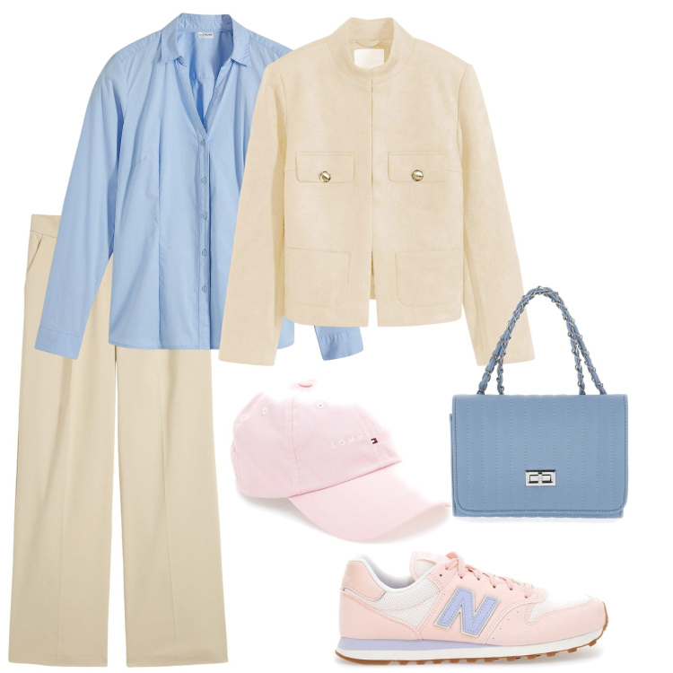 Outfit donna - Total look #2178502. Stile Casual chic per Tutti i giorni. Abbinamento con camicie, blazer, pantaloni, sneakers, cappelli, borse a tracolla.