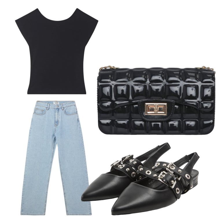 Outfit donna - Apritivo. Stile Trendy per Tutti i giorni. Abbinamento con jeans, t-shirt, borse a tracolla, sabot.