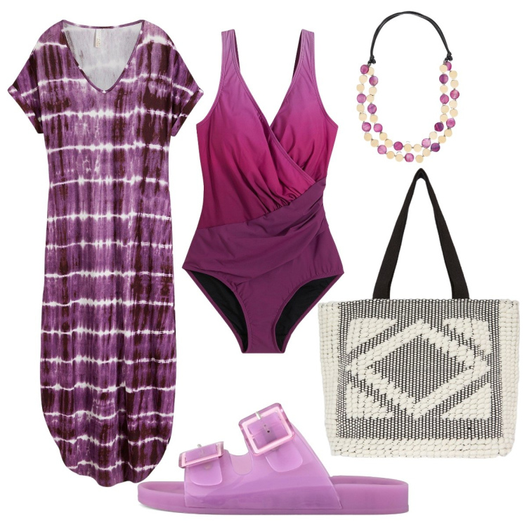 Outfit donna - Il costume intero incrociato. Stile Etnico per Mare. Abbinamento con vestiti lunghi, costumi interi, sandali, shopping bag, collane.