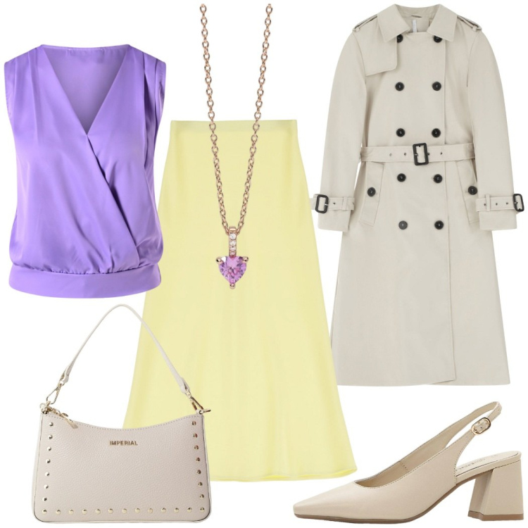Outfit donna - Raffinata in ufficio. Stile Casual chic per Ufficio. Abbinamento con décolleté, ciondoli, top, gonne longuette, trench, borse a spalla.