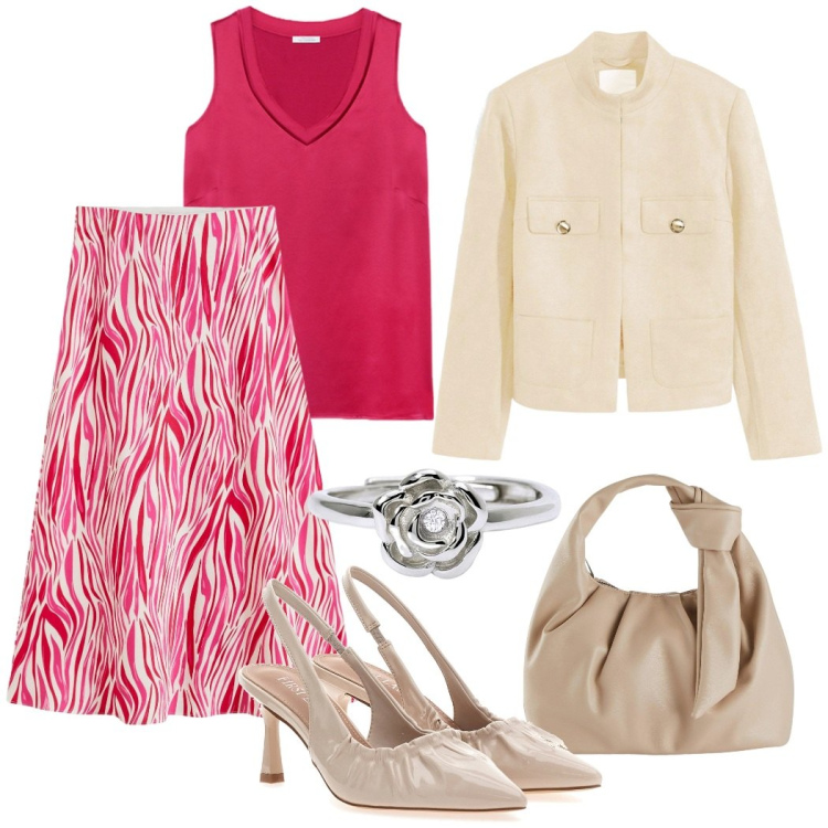 Outfit donna - In ufficio. Stile Casual chic per Ufficio. Abbinamento con gonne longuette, borse a mano, blazer, anelli, top, décolleté.
