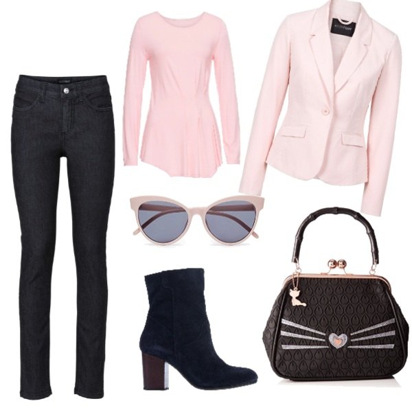 Outfit donna - Rosa e nero. Stile Bon Ton per Ufficio. Abbinamento con blazer, jeans skinny, maglia con scollo a maniche lunghe con pieghe rosa, stivaletti effetto scamosciato con tacco geometrico e punta tonda tinta unita, borsa a spalla nero, occhiali da sole rosa.