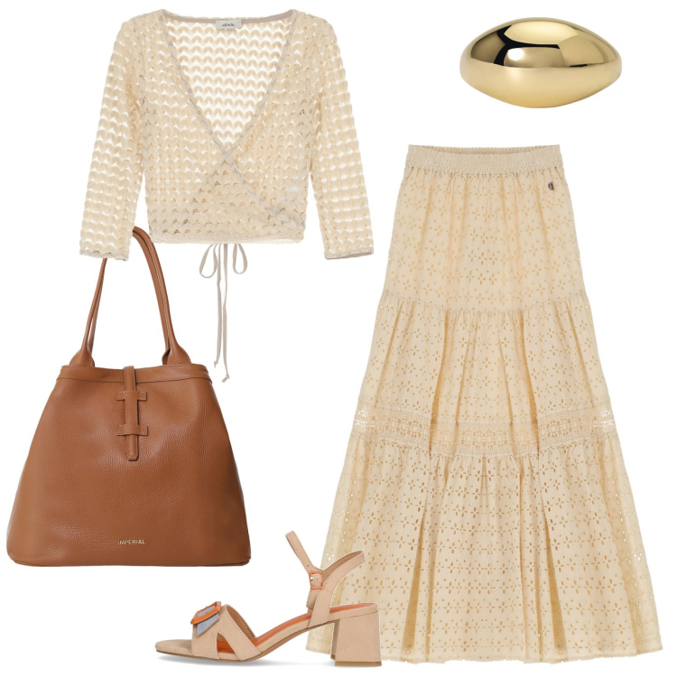 Outfit donna - Boho forever. Stile Boho per Tutti i giorni. Abbinamento con anelli, borse tote, top, gonne lunghe, sandali col tacco.