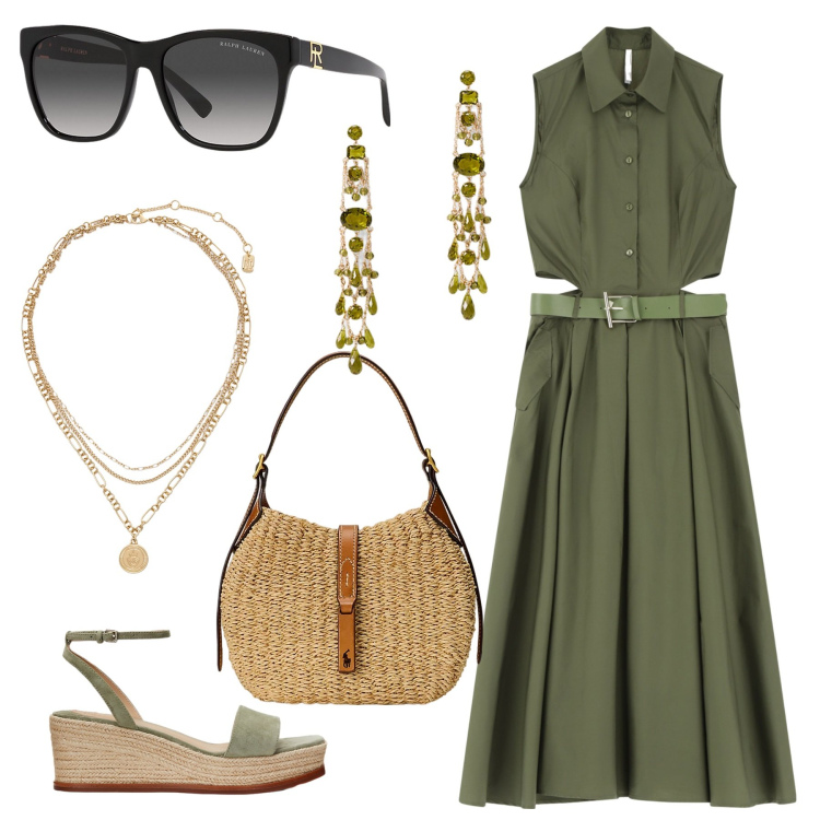 Outfit donna - Total look #2178511. Stile Bon Ton per Tutti i giorni. Abbinamento con vestiti senza maniche, ciondoli, occhiali da sole, zeppe, borse a spalla, orecchini.