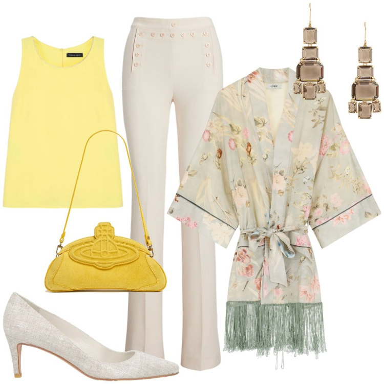 Outfit donna - Un originale soprabito a fiori. Stile Glamour per Cerimonia. Abbinamento con décolleté, trench, pantaloni, orecchini, top, clutch.