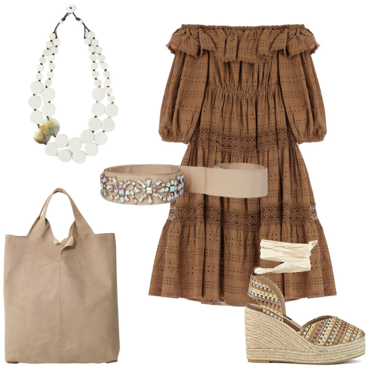 Outfit donna - Boho forever. Stile Boho per Tutti i giorni. Abbinamento con vestiti corti, shopping bag, zeppe, cinture, ciondoli.
