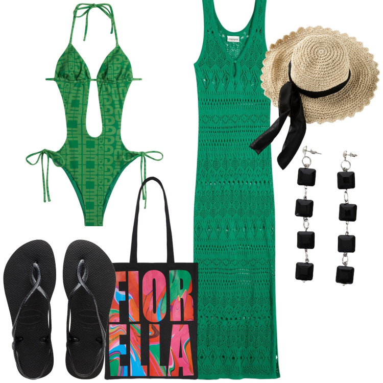 Outfit donna - Al mare. Stile Trendy per Mare. Abbinamento con cappelli, vestiti lunghi, costumi interi, orecchini, ciabatte, borse tote.