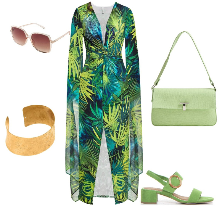 Outfit donna - Speciale verde lime. Stile Glamour per Cerimonia. Abbinamento con occhiali da sole, vestiti, borse a spalla, sandali col tacco, braccialetti.