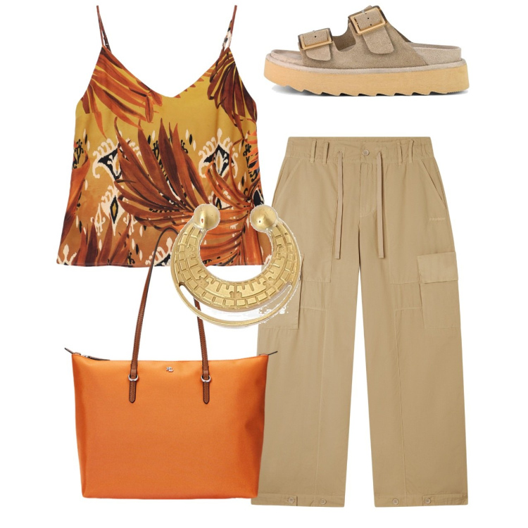 Outfit donna - Safari. Stile Basic per Tutti i giorni. Abbinamento con canottiere, pantaloni cargo, borse tote, sandali in pelle, orecchini.