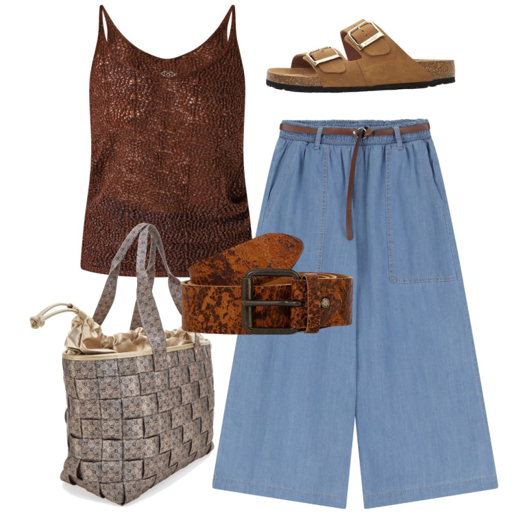 Outfit donna - Basic. Stile Casual per Tutti i giorni. Abbinamento con ciabatte, top, jeans, cinture, borse a spalla.