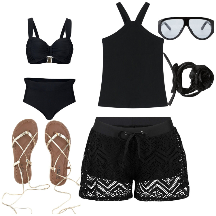 Outfit donna - Al mare. Stile Glamour per Mare. Abbinamento con pantaloni corti, bikini, collane, occhiali da sole, top, sandali alla schiava.