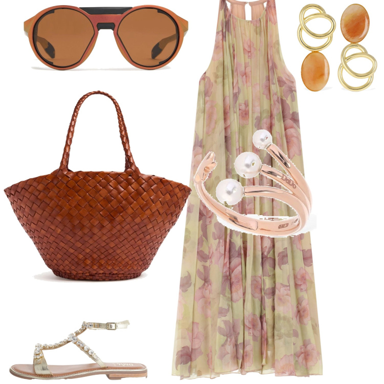 Outfit donna - Total look #2178528. Abbinamento con vestiti lunghi, sandali, occhiali da sole, anelli, shopping bag, orecchini.