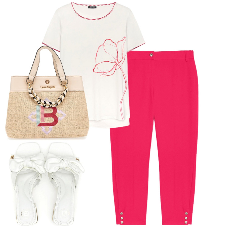 Outfit donna - In città. Stile Urban per Tutti i giorni. Abbinamento con t-shirt, ciabatte, pantaloni chino, borse a mano.