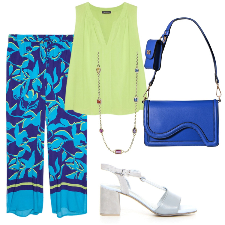 Outfit donna - Leggera e chic. Stile Chic per Tutti i giorni. Abbinamento con collane, pochette, pantaloni a palazzo, top, sandali col tacco.