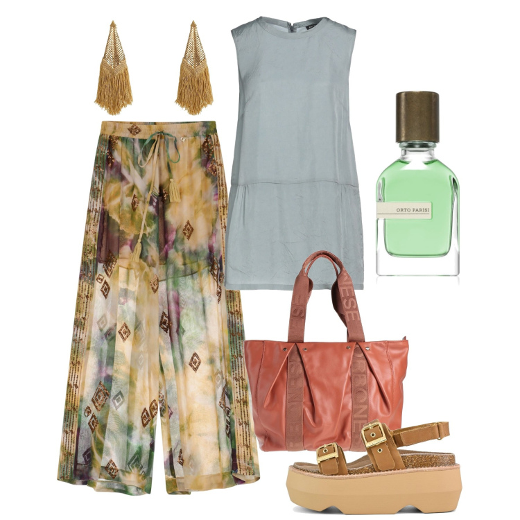 Outfit donna - Giugno. Stile Chic per Serata fuori. Abbinamento con top, orecchini, borse a mano, profumi, pantaloni a palazzo, sandali col tacco.
