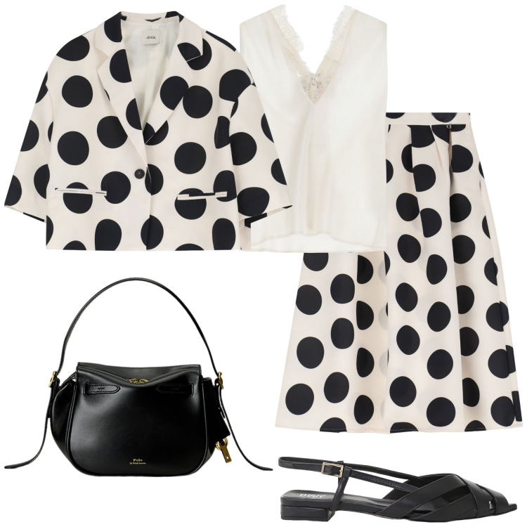 Outfit donna - Giugno a pois. Stile Casual chic per Tutti i giorni. Abbinamento con top, gonne longuette, sandali, blazer, borse a mano.