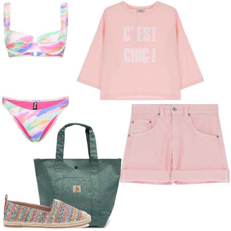 Outfit donna - Giornata al mare. Stile Casual per Mare. Abbinamento con shorts, t-shirt, espadrillas, bikini, borse tote.