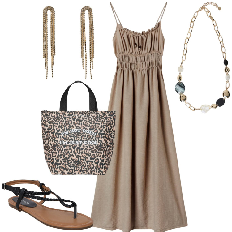 Outfit donna - Estate in libertà. Stile Casual per Tutti i giorni. Abbinamento con vestiti lunghi, ciabatte, orecchini, borse sportive, collane.