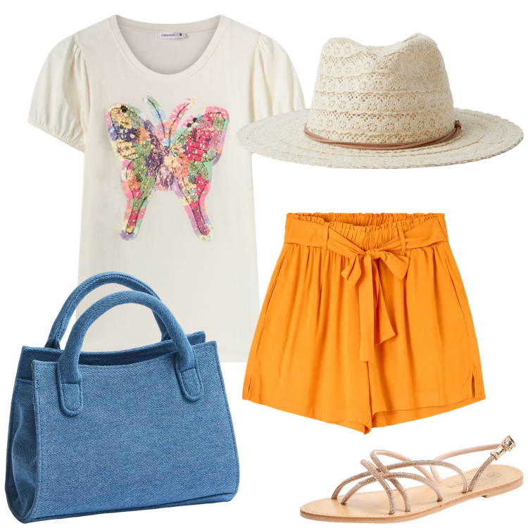 Outfit donna - Total terranova. Stile Casual per Tutti i giorni. Abbinamento con shorts, t-shirt, cappelli, sandali, borse a tracolla.