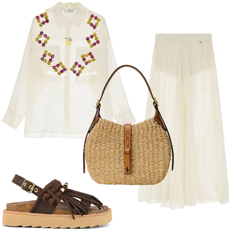 Outfit donna - Summer Outfits. Stile Boho per Tutti i giorni. Abbinamento con pantaloni, camicie, borse a spalla, sandali, collane.