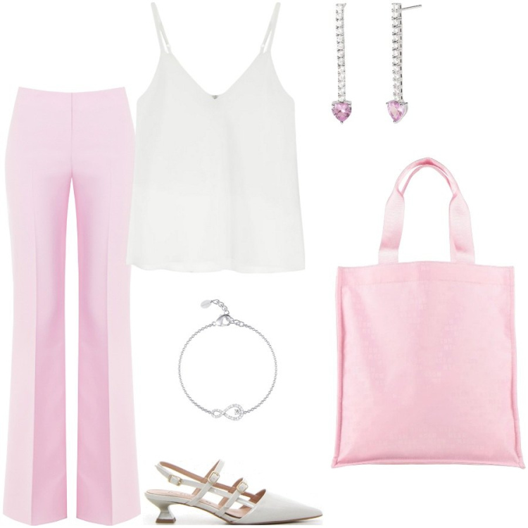 Outfit donna - Apericena con le colleghe. Stile Chic per Serata fuori. Abbinamento con borse a mano, pantaloni a palazzo, orecchini, braccialetti, top, décolleté.