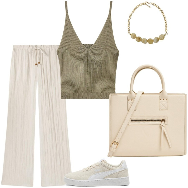 Outfit donna - Parola d\'ordine comodità. Stile Casual per Tutti i giorni. Abbinamento con shopping bag, pantaloni, top, collane, sneakers.