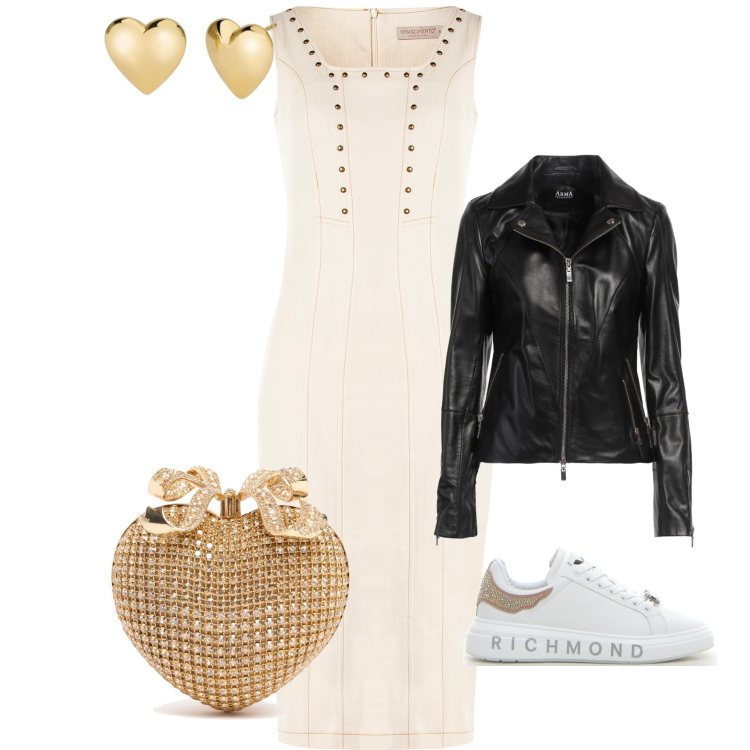 Outfit donna - Equilibrio contrastante. Stile Sporty chic per Serata fuori. look ideale per Petite. Abbinamento con blazer, orecchini, vestiti, pochette, sneakers.