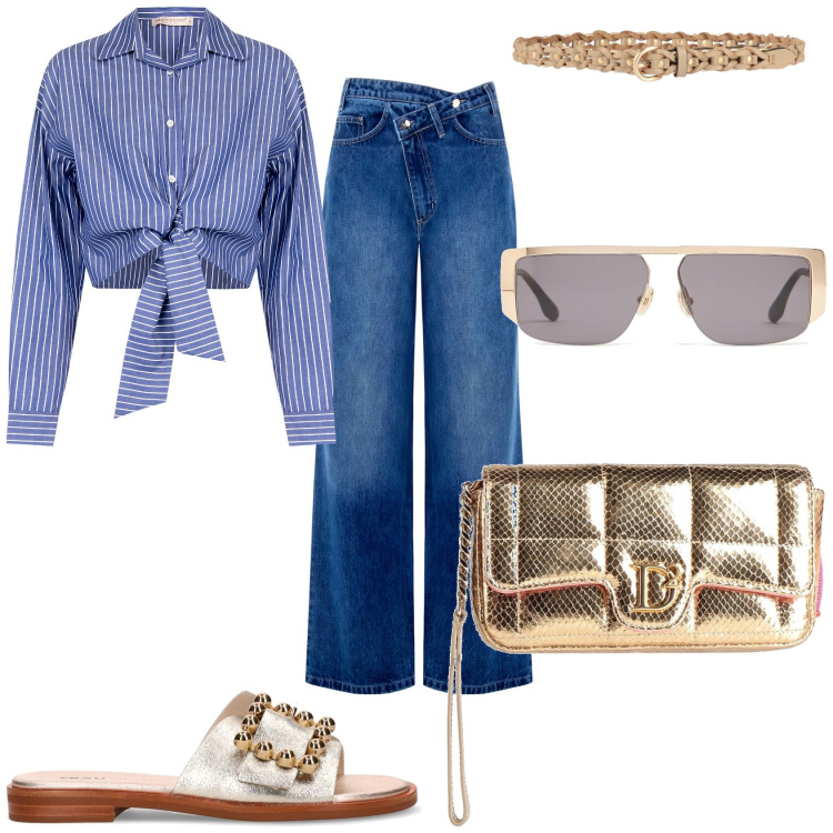 Outfit donna - Giorno e sera. Stile Trendy per Tutti i giorni. Abbinamento con cinture, borse a mano, camicie, jeans, occhiali da sole, ciabatte.