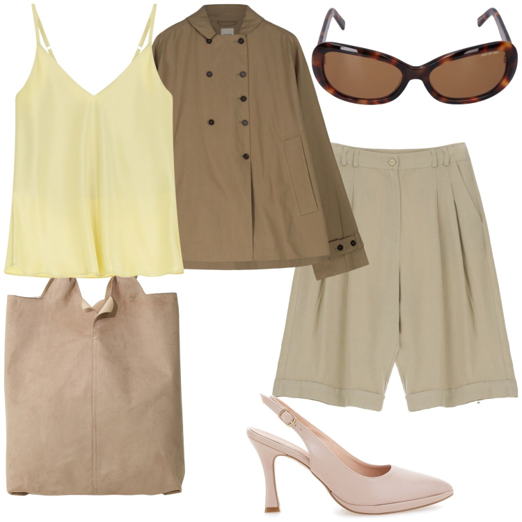 Outfit donna - Un bermuda in ufficio. Stile Urban per Ufficio. Abbinamento con bermuda, top, shopping bag, blazer, décolleté, occhiali da sole.