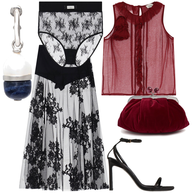 Outfit donna - Serata trasparente. Stile Sexy per Serata fuori. Abbinamento con sandali col tacco, orecchini, slip, top, gonne lunghe, pochette.