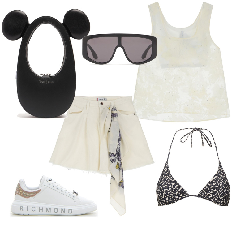 Outfit donna - Giornata in spiaggia. Stile Glamour per Mare. Abbinamento con shorts, top, occhiali da sole, sneakers, bikini, borse a mano.