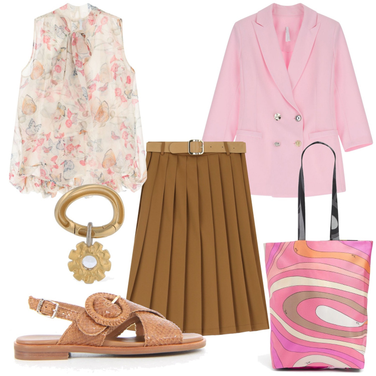 Outfit donna - Total look. Stile Urban per Ufficio. Abbinamento con camicie, blazer, gonne longuette, shopping bag, sandali, orecchini.