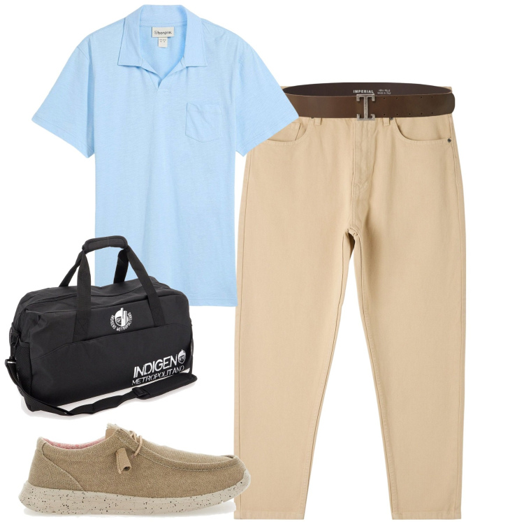 Outfit uomo - Weekend. Stile Urban per Tutti i giorni. Abbinamento con polo, pantaloni, cinture, borse sportive, scarpe stringate.
