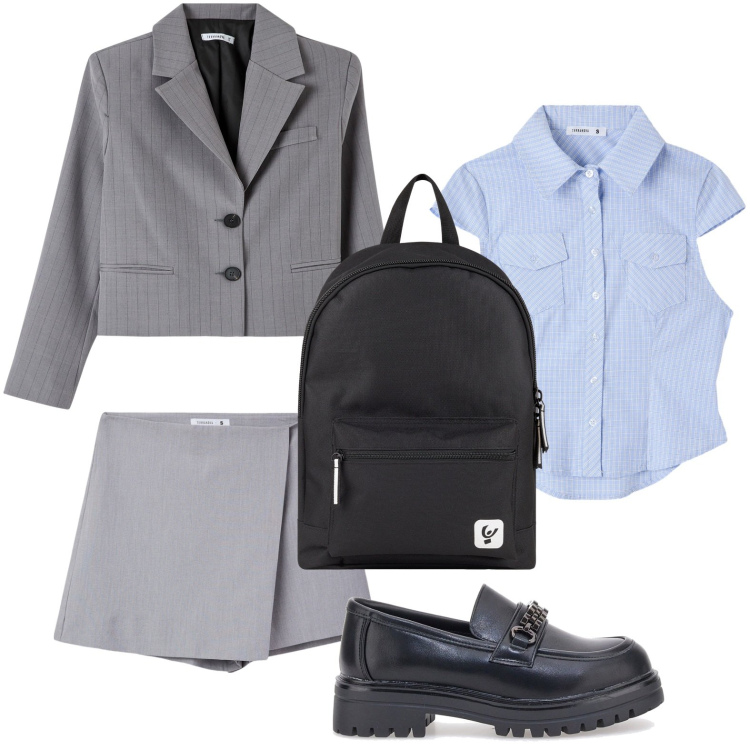 Outfit donna - Il blazer grigio fumo. Stile Preppy per Scuola/Università. Abbinamento con minigonne, blazer, camicie a manica corta, zaini, mocassini.