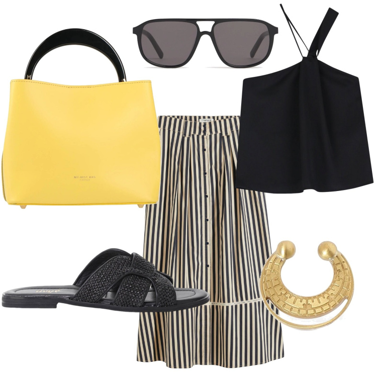 Outfit donna - La gonna originale. Stile Casual per Tutti i giorni. Abbinamento con gonne lunghe, borse a mano, top, sandali, orecchini, occhiali da sole.