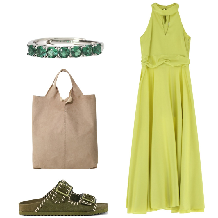 Outfit donna - Col vestito lungo. Stile Casual chic per Tutti i giorni. Abbinamento con anelli, vestiti lunghi, shopping bag, sandali.