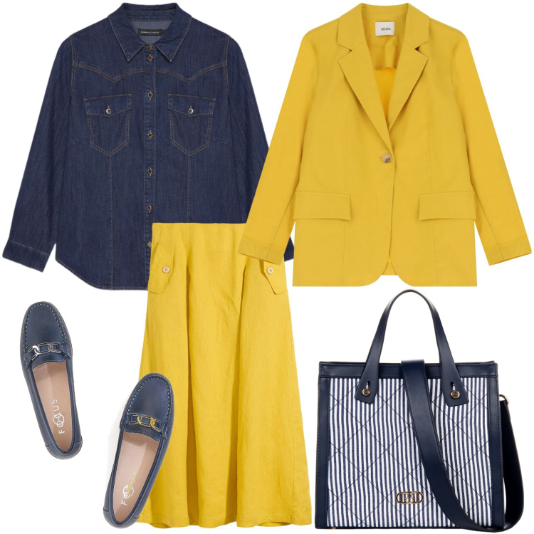 Outfit donna - L\'eleganza del giallo. Stile Minimal per Ufficio. Abbinamento con gonne, shopping bag, blazer, mocassini, camicie.