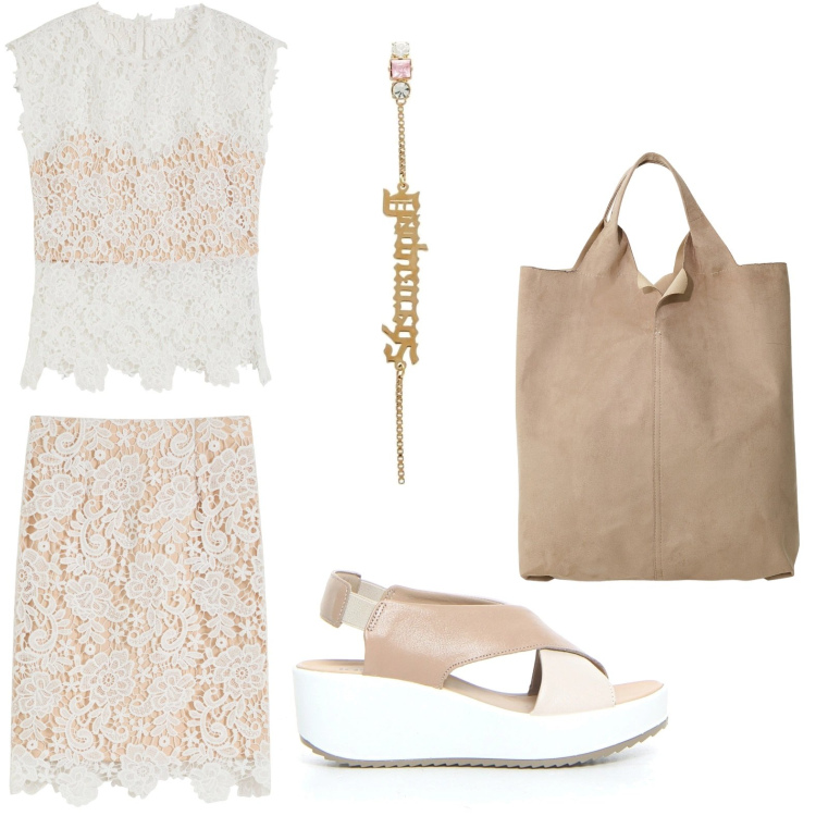 Outfit donna - Effetto pizzo. Stile Romantica per Tutti i giorni. Abbinamento con top, gonne, orecchini, shopping bag, sandali.