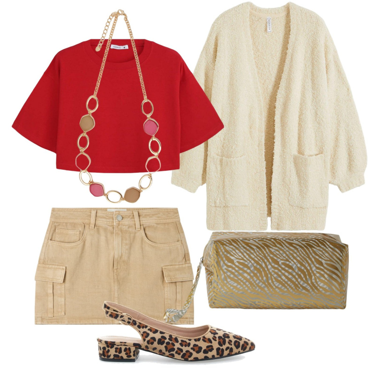 Outfit donna - Animalier. Stile Basic per Tutti i giorni. Abbinamento con cardigans, minigonne, t-shirt, pochette, collane, ballerine.