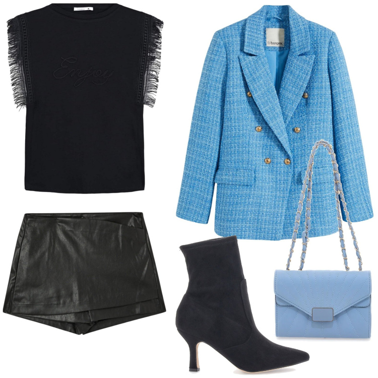 Outfit donna - Lady rock. Stile Rock per Serata fuori. Abbinamento con blazer, t-shirt, minigonne, stivaletti, borse a tracolla.