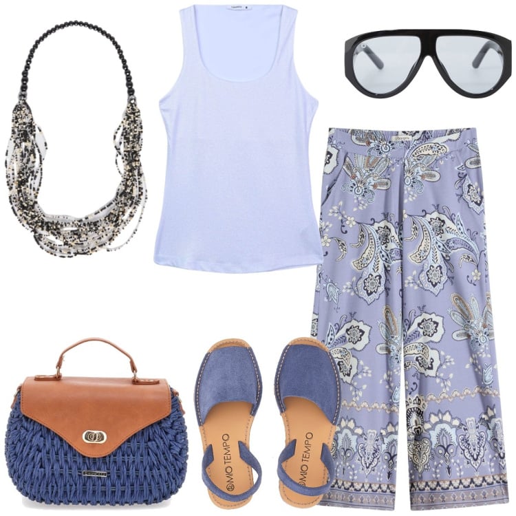 Outfit donna - Al mare. Stile Etnico per Tutti i giorni. Abbinamento con pantaloni, canottiere, occhiali da sole, sandali, collane, borse a tracolla.