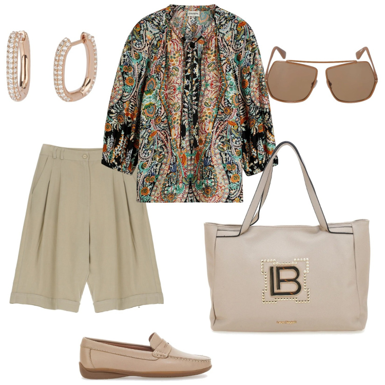 Outfit donna - In città. per Tutti i giorni. Abbinamento con bluse, orecchini, bermuda, borse a spalla, mocassini, occhiali da sole.