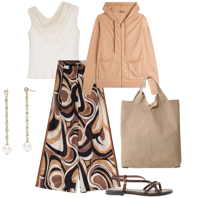 Outfit donna - L\'aria fresca del mattino. per Ufficio. Abbinamento con orecchini, pantaloni, top, maglieria, sandali, shopping bag.