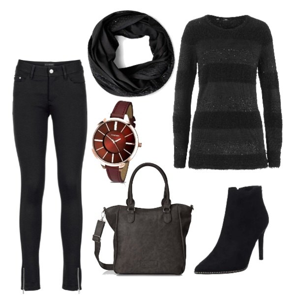 Outfit donna - Total black o quasi. Stile Urban per Serata fuori. Abbinamento con pantaloni, sneakers, stivaletti nero, borsa a spalla grigio, orologio analogico rosso, cappello taglia unica nero.