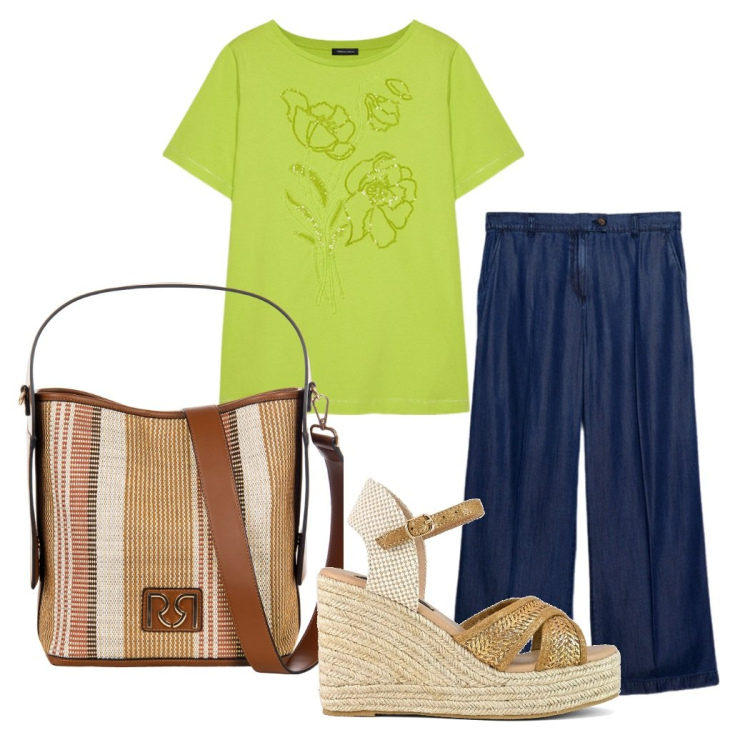 Outfit donna - Verde lime. Stile Casual chic per Tutti i giorni. Abbinamento con borse a secchiello, jeans, t-shirt, zeppe.